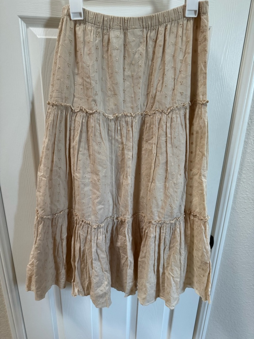 Classic Elements Neutral Beige Tiered Eyelet Midi Skirt